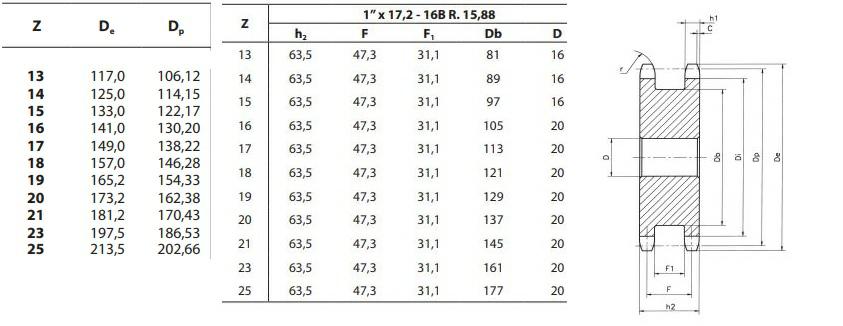 Koło łańcuchowe 16B-1 z=14 dla dwóch poj. łańcuchów 1″ x 17,02mm rozstaw 63,5/31,1