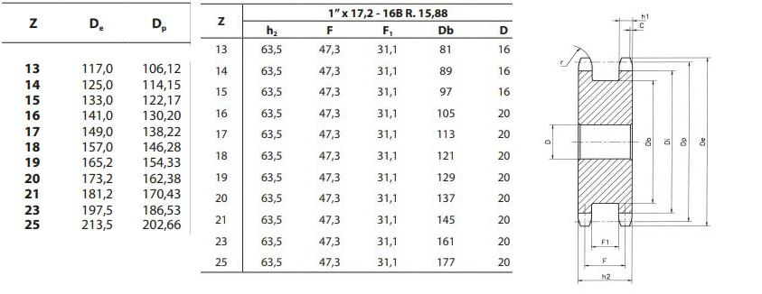 Koło łańcuchowe 16B-1 z=20 dla dwóch poj. łańcuchów 1″ x 17,02mm rozstaw 63,5/31,1
