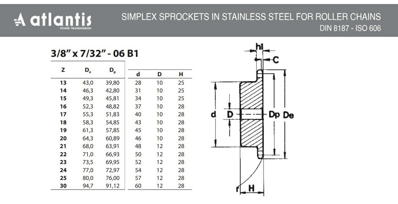 Koło łańcuchowe 06B-1 z=24 INOX z piastą  3/8″ x 7/32″