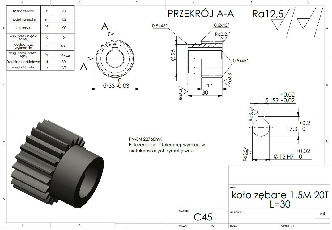 Koło zębate Moduł 1,5 z=20 piasta D15H7  + rowek 5Js9